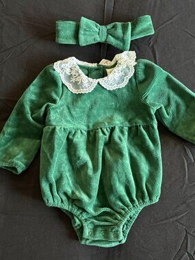 Little Me Dark Green fine wale cordoroy, Lace, Long sleeve, size 12M & headband